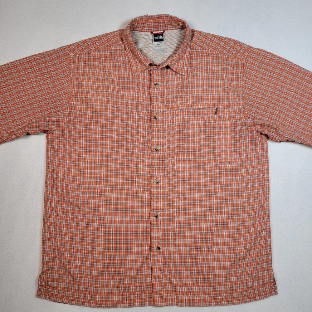 North Face Mens Shirt Size Medium Orange Plaid Short Sleeve‎ Button Up